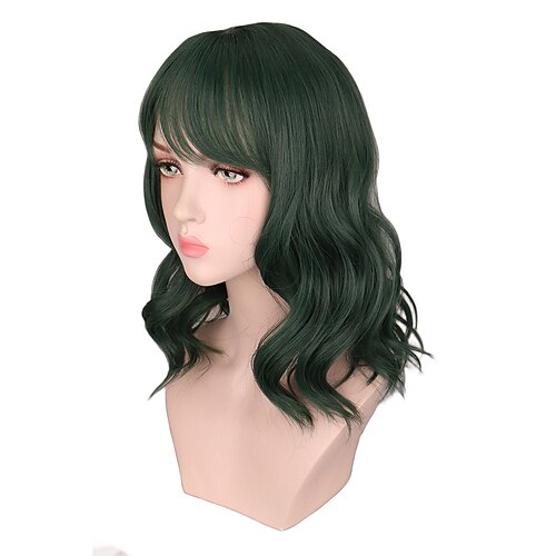 

Synthetic Wig Natural Wave With Bangs Machine Made Wig 12 inch Synthetic Hair Women's Adjustable Color GradientHigh Quality Green