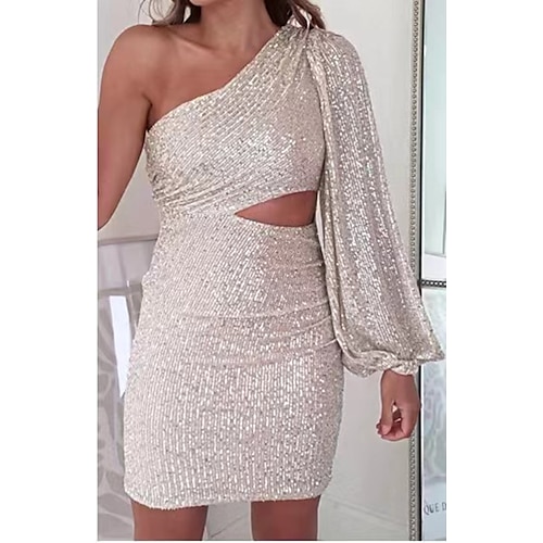 

Women's Party Dress Sequin Dress Sheath Dress White Long Sleeve Pure Color Sequins Winter Fall Autumn One Shoulder Fashion Party Winter Dress Wedding Guest 2022 S M L XL