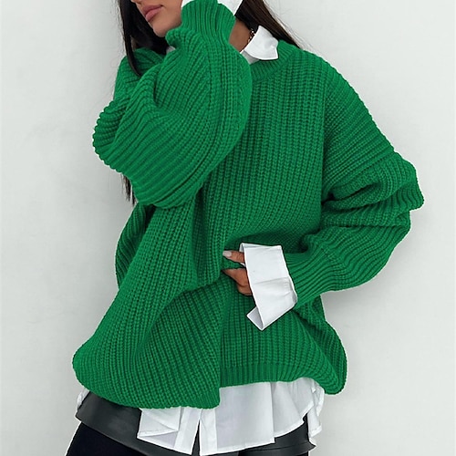 

Women's Pullover Sweater jumper Jumper Ribbed Knit Knitted Pure Color Crew Neck Stylish Casual Outdoor Daily Winter Fall Green White S M L / Long Sleeve / Holiday / Regular Fit / Going out