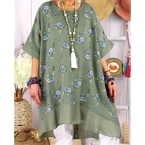 

Women's Plus Size Tops Tunic Floral Print Half Sleeve Crewneck Casual Daily Going out Polyester Fall Winter Green Gray