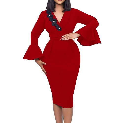 

Damen Bodycon Blau Hell Gray Rote Langarm Einfarbig Rüschen Winter Herbst V Ausschnitt Modisch 2022 S M L XL 2XL 3XL