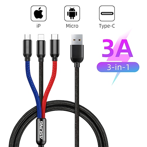 

ASLING Cavo di ricarica multiplo 3,9 piedi Da USB A a Tipo C/Micro/IP 3 A Cavo di ricarica Nylon intrecciato 3 in 1 Per Samsung Xiaomi Huawei Appendini per cellulare