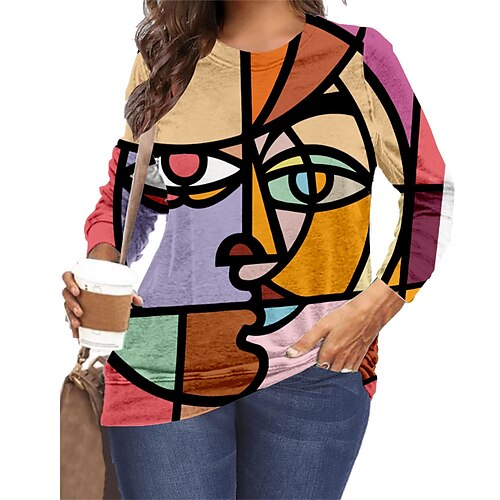 

Women's Plus Size Tops T shirt Tee Color Block Abstract Print Long Sleeve Round Neck Casual Daily Vacation Polyester Fall Winter White Blue