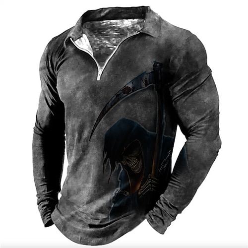 

Men's Collar Polo Shirt Golf Shirt Skull Turndown Khaki Gray 3D Print Halloween Street Long Sleeve Zipper Print Clothing Apparel Fashion Designer Casual Breathable