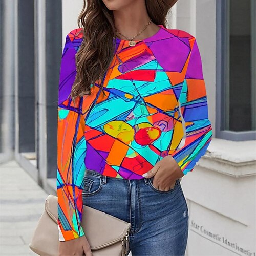 

Women's T shirt Tee Blue Graphic Geometric Print Long Sleeve Casual Daily Vintage Round Neck Regular Geometric Painting S / 3D Print