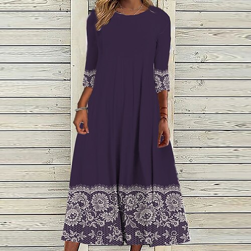 

Women's Casual Dress Shift Dress Midi Dress Purple 3/4 Length Sleeve Floral Ruched Print Fall Winter Round Neck Vacation Casual 2022 S M L XL XXL 3XL