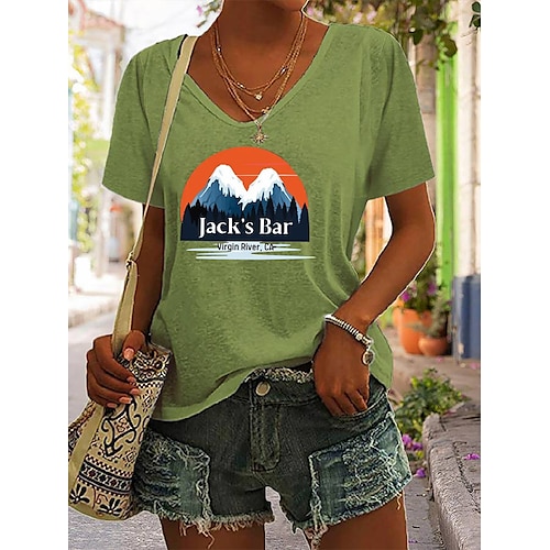 

Women's T shirt Tee Green Blue Gray Graphic Letter Print Short Sleeve Casual Daily Basic V Neck Regular S