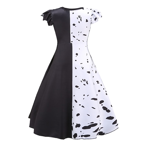  Kids Girls' 101 Dalmatians Cruella De Vil Dress Sets 2pcs Polka Dot Performance Halloween Black Asymmetrical Sleeveless Costume Dresses 3-12 Years