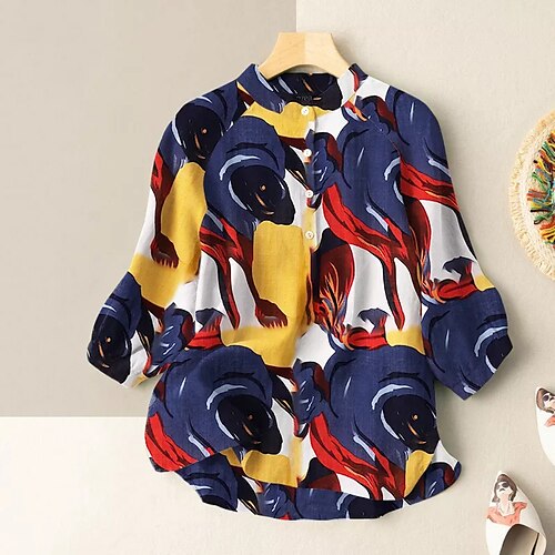 

Women's Blouse Shirt Green Blue Red Graphic Button Print 3/4 Length Sleeve Daily Weekend Streetwear Casual Standing Collar Regular S / 3D Print