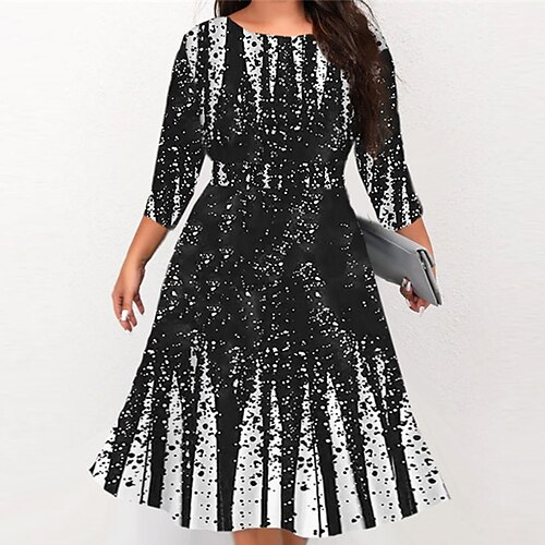 

Women's Plus Size Work Dress Color Gradient Round Neck Print 3/4 Length Sleeve Fall Winter Stylish Work Midi Dress Vacation Going out Dress