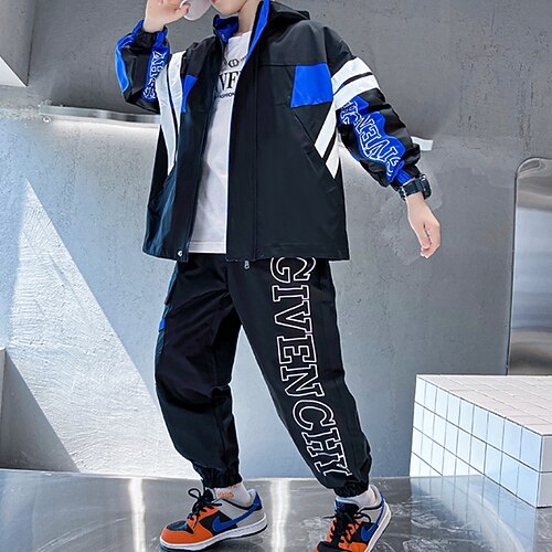 

Kids Boys Jacket Pants Clothing Set 2 Pieces Long Sleeve Black blue green grey Green Letter Street Vacation Cool Street Style 4-13 Years