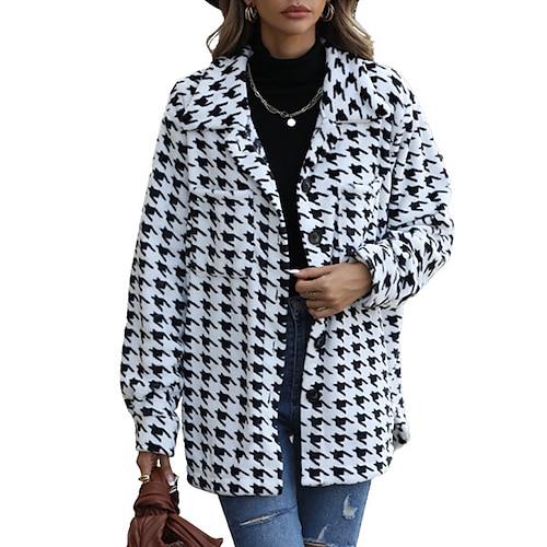 

Women's Casual Jacket Windproof Warm Outdoor Street Daily Vacation Button Print Single Breasted Turndown Street Style Stripes and Plaid Regular Fit Outerwear Long Sleeve Winter Fall White S M L XL