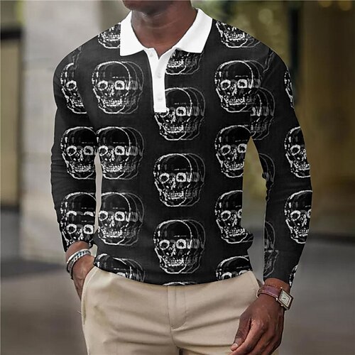 

Men's Collar Polo Shirt Golf Shirt Skull Turndown Black 3D Print Halloween Street Long Sleeve Button-Down Print Clothing Apparel Vintage Cool Designer Casual