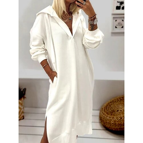 

Women's Hoodie Dress Winter Dress Midi Dress White 3/4 Length Sleeve Pure Color Pocket Winter Fall Hooded Casual Modern 2022 S M L XL 2XL 3XL