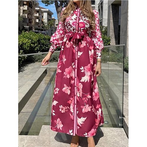 

Women's Shirt Dress Shift Dress Long Dress Maxi Dress Red Long Sleeve Floral Lace up Winter Fall Autumn Shirt Collar Fashion Winter Dress Fall Dress 2022 S M L XL