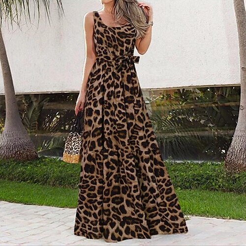 

Mulheres Vestido casual Vestido Swing Marron Escuro Cinzento Sem Manga Leopardo Cordões Primavera Verão Gola Redonda Moderno 2022 S M L XL 2XL 3XL