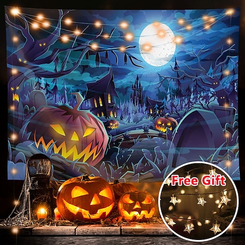 

Halloween Party Wall Tapestry Art Decor Blanket Curtain Hanging Home Bedroom Living Room Decoration Polyester Ghost Pumpkin Graveyard Bat Witch(with LED String Lights)
