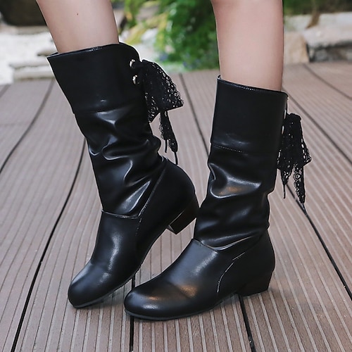 

Women's Boots Slouchy Boots Plus Size Mid Calf Boots Winter Block Heel Round Toe PU Leather Lace-up Black White Red