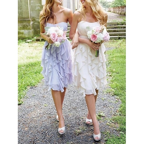 

A-Line Bridesmaid Dress Strapless Sleeveless Vintage Knee Length Chiffon with Cascading Ruffles / Solid Color 2022