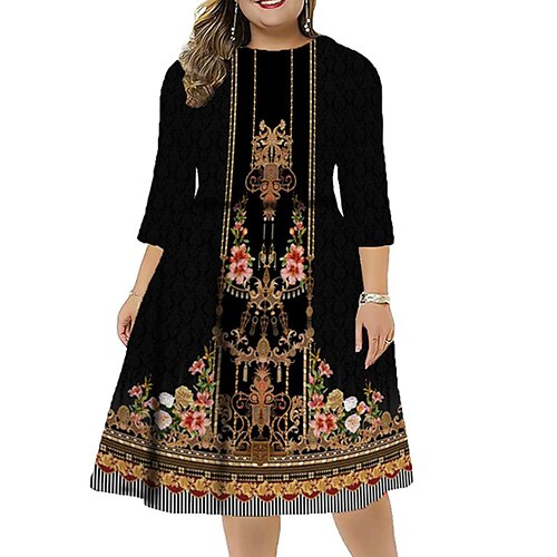 

Women's Plus Size Work Dress Floral Round Neck 3/4 Length Sleeve Fall Winter Stylish Work Midi Dress Vacation Going out Dress