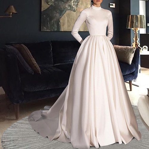 

A-Line Wedding Dresses High Neck Court Train Satin Long Sleeve Formal Simple Sexy Backless with Pleats 2022