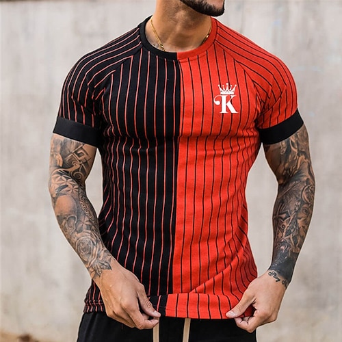 

Men's Unisex T shirt Tee Striped Graphic Prints Crew Neck Red Short Sleeve 3D Print Outdoor Street Print Tops Sports Casual Classic Big and Tall / Summer / Summer
