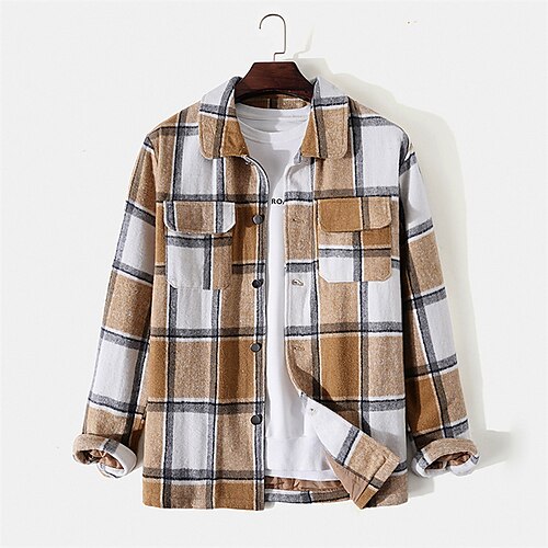 

Men's Shirt Overshirt Plaid Turndown Brown Long Sleeve Print Daily Holiday Button-Down Tops Fashion Casual Comfortable Pocket