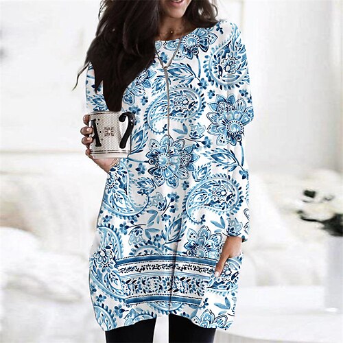 

Women's Casual Dress Print Dress Short Mini Dress Blue Long Sleeve Floral Print Fall Winter Round Neck Casual 2022 XS S M L XL XXL 3XL 4XL 5XL 6XL