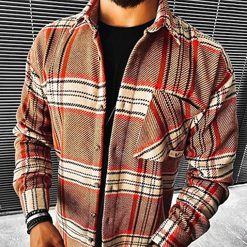 

Men's Flannel Shirt Shirt Jacket Shacket Shirt Plaid / Check Turndown Brown Street Daily Long Sleeve Button-Down Clothing Apparel Basic Fashion Casual Comfortable