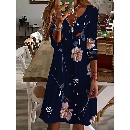 

Women's Casual Dress Shift Dress Green Navy Blue Long Sleeve Floral Zipper Winter Fall Autumn V Neck Classic Winter Dress Fall Dress 2022 L XL XXL 3XL 4XL 5XL 6XL