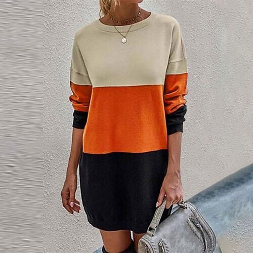 

Women's Casual Dress Hoodie Dress Short Mini Dress Orange Long Sleeve Color Block Patchwork Fall Winter Crew Neck Casual 2022 S M L XL XXL / Cotton