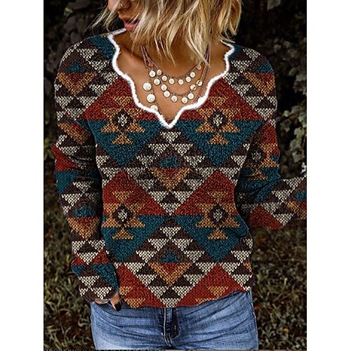 

Women's Blouse Shirt Gray Yellow Red Geometric Print Long Sleeve Daily Weekend Streetwear Ethnic V Neck Regular Geometric S / 3D Print
