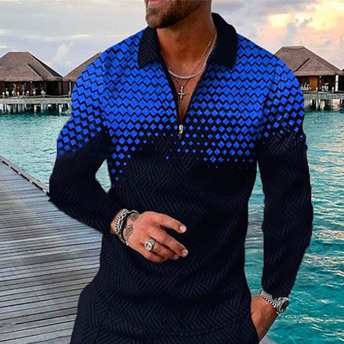 

Men's Collar Polo Shirt Golf Shirt Optical Illusion Turndown Blue 3D Print Outdoor Street Long Sleeve Zipper Print Clothing Apparel Fashion Designer Casual Breathable