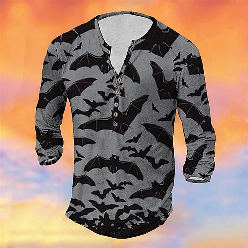 

Herren T Shirt Henley Shirt Tee Graphic Fledermaus Henley Grau 3D-Druck Übergröße Outdoor Halloween Langarm Button-Down Bedruckt Bekleidung Basic Designer Klassisch Komfortabel