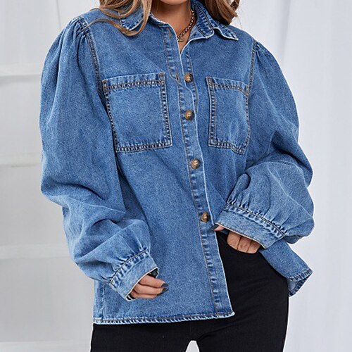 

Women's Denim Jacket Warm Breathable Outdoor Street Daily Wear Weekend Pocket Single Breasted Turndown Active Casual Street Style Solid Color Regular Fit Outerwear Long Sleeve Winter Fall Blue XS S M