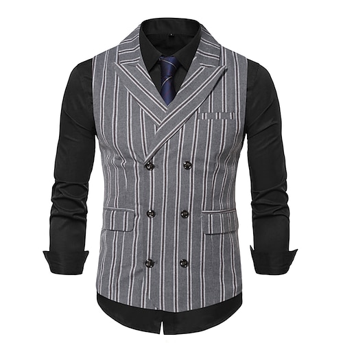 

Men's Casual Vest Stripe Regular Fit Peak Double Breasted Six-buttons Grey 2022