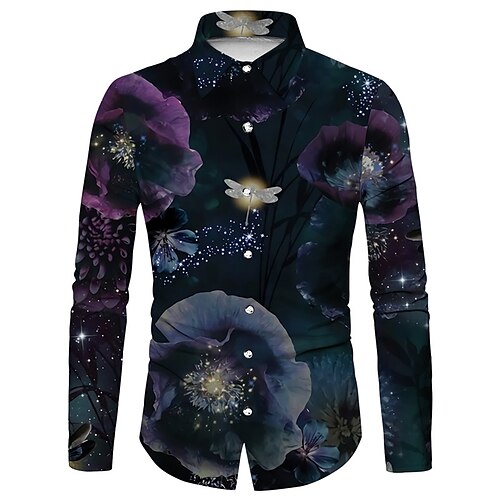 

Men's Shirt Graphic Shirt Floral Turndown Navy Blue 3D Print Outdoor Street Long Sleeve Button-Down Print Clothing Apparel Fashion Designer Casual Breathable