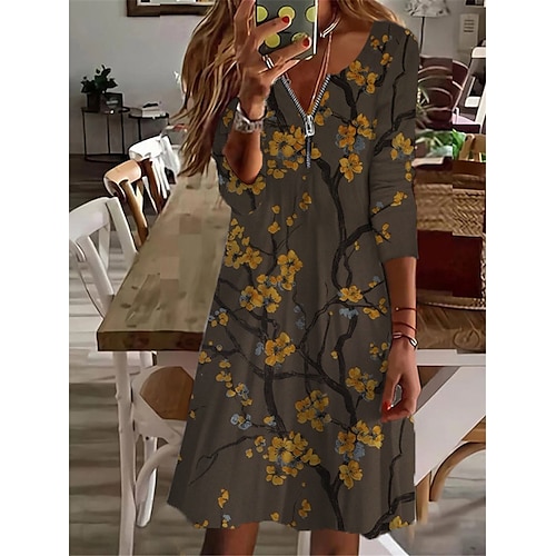 

Women's Casual Dress A Line Dress Knee Length Dress White Blue Brown Long Sleeve Floral Butterfly Zipper Print Fall Winter V Neck Vacation Casual 2022 S M L XL 2XL 3XL 4XL 5XL 6XL
