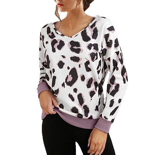 

Women's Pullover Sweater Jumper Ribbed Knit Knitted Leopard V Neck Stylish Casual Outdoor Holiday Fall Winter White S M L / Long Sleeve
