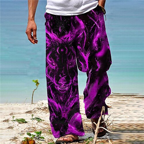 

Men's Trousers Beach Pants Drawstring Elastic Waist 3D Print Animal Wolf Graphic Prints Comfort Breathable Casual Daily Holiday Streetwear Designer Blue Purple