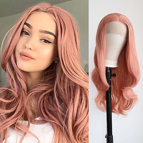 

Long Wavy Rose Pink Wig Synthetic Lace Front Wigs for Women Pink Color Middle Part High Temperature Fiber Hand Tied 13x3inch Natural Hairline Cosplay Daily Wear Wig