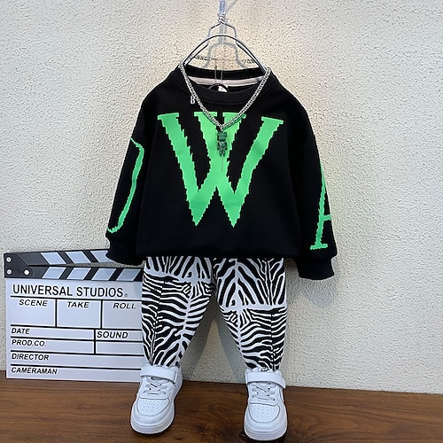 

2 Pieces Kids Boys Hoodie & Pants Clothing Set Outfit Letter Long Sleeve Cotton Set Street Cool Street Style Winter Fall 3-10 Years Black White