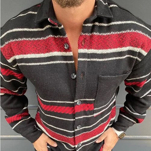 

Men's Shirt Overshirt Shirt Jacket Striped Turndown Black / Red Long Sleeve Street Daily Button-Down Tops Basic Fashion Casual Comfortable