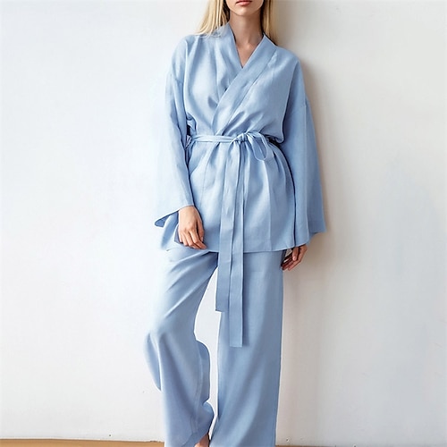 

Women's Pajamas Sets Pjs 2 Pieces Pure Color Comfort Home Daily Cotton And Linen V Wire Adjustable Winter Fall Blue Khaki