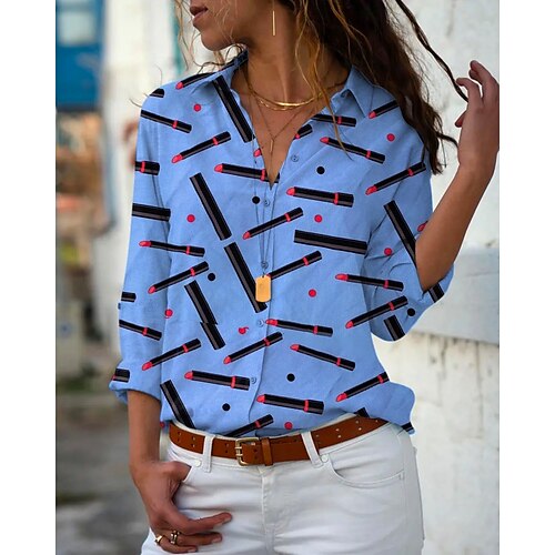 

Women's Blouse Shirt Blue Graphic Button Print Long Sleeve Daily Weekend Streetwear Casual Shirt Collar Regular S / 3D Print