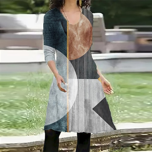 

Women's Casual Dress T Shirt Dress Tee Dress Short Mini Dress Gray Long Sleeve Geometric Color Block Pocket Print Fall Winter V Neck Vacation Casual 2022 S M L XL XXL 3XL