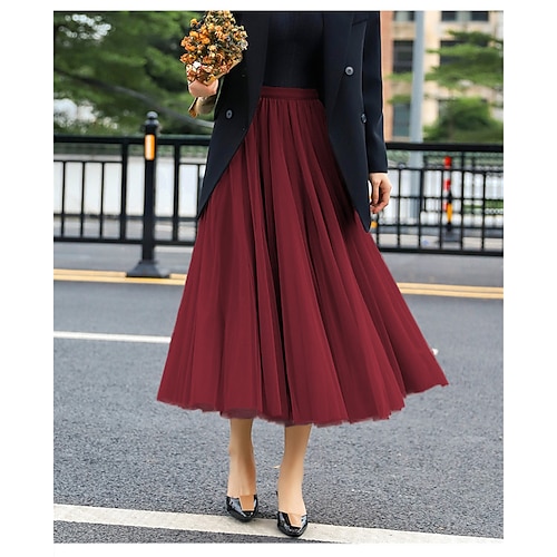 

Women's Skirt Swing Midi Polyester Blue Wine Dark Gray Red Skirts All Seasons Ruched Layered Lined Elegant Long Daily Holiday S M L