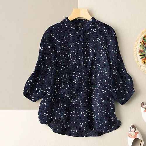 

Women's Blouse Shirt Yellow Red Navy Blue Polka Dot Button Print 3/4 Length Sleeve Daily Weekend Streetwear Casual Standing Collar Regular S / 3D Print