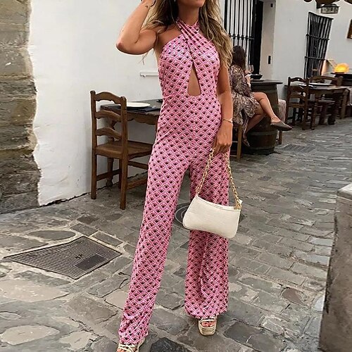 

Women's Jumpsuit Backless High Waist Print Halter Neck Streetwear Street Daily Regular Fit Sleeveless Pink S M L Winter / Cut Out