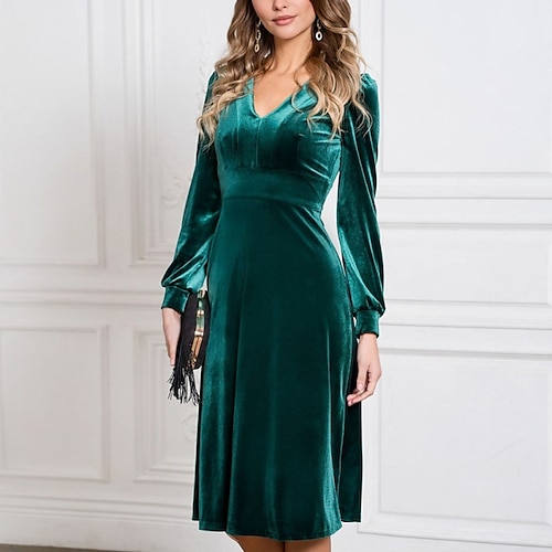 

Women's Velvet Dress Knee Length Dress Green Long Sleeve Pure Color Ruched Winter Fall Autumn V Neck Party Party Winter Dress Wedding Guest 2023 S M L XL 2XL